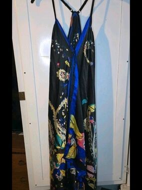 Andrade Maxi Flowy Slip Dress Paisley Botanical Handkerchief Hem Blue Black L